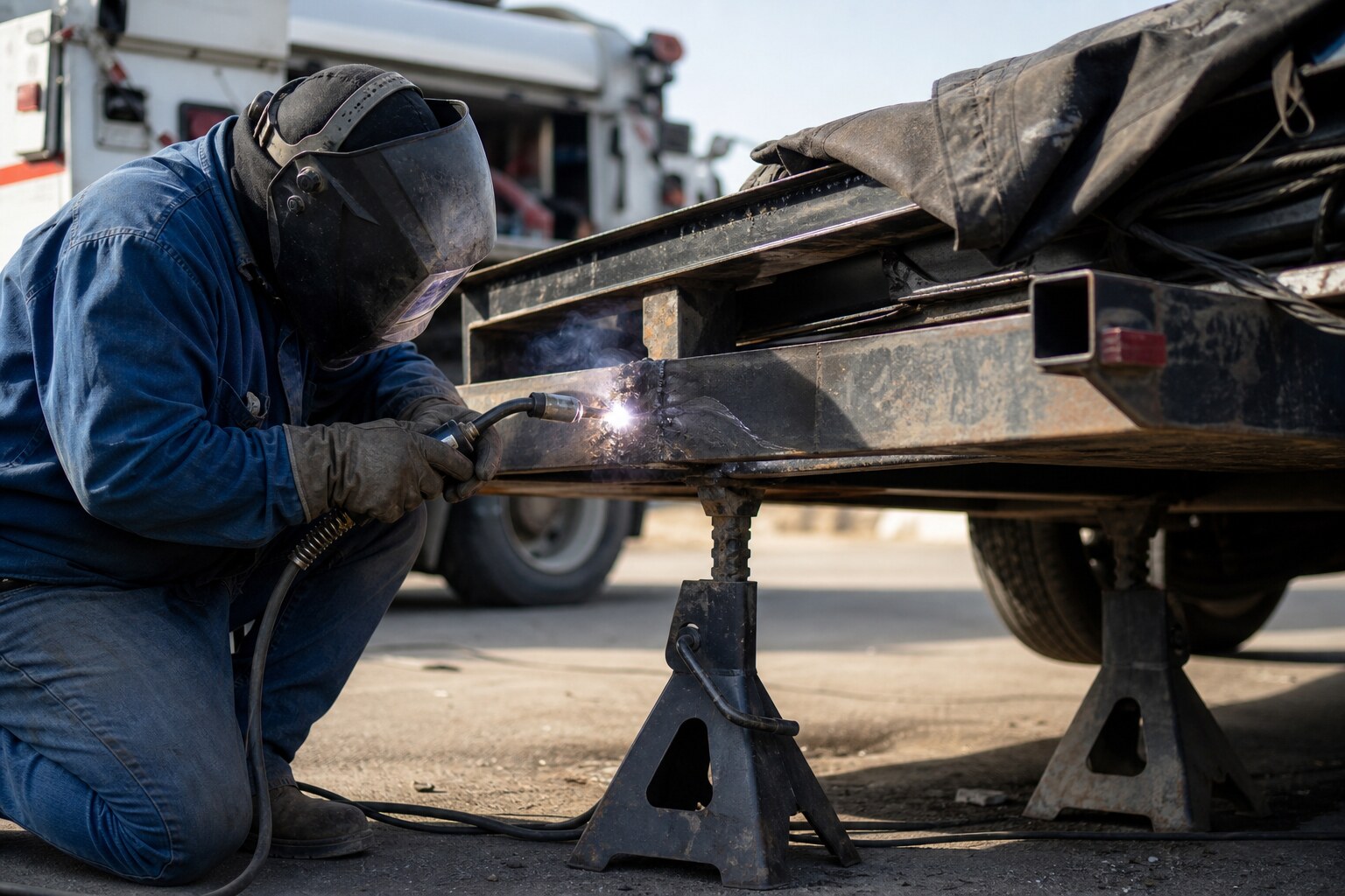 Mobile welding repair with proper shielding and personal protective equipment